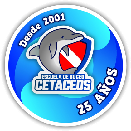 Insignia de 25 años de la Escuela de Buceo Cetáceos, desde 2001