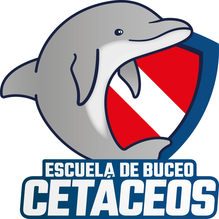 Logo de la Escuela de Buceo Cetáceos: un delfín frente a la bandera de buceo